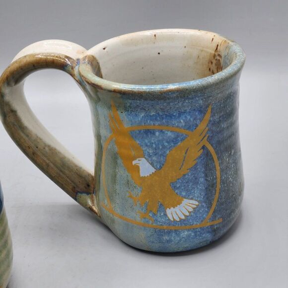 Studio Pottery Mug Thumb Rest Blue brown Drip Glaze Signed Eagle Lot Of 3 - Picture 2 of 7